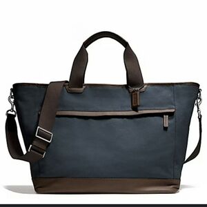COACH Camden Blue Canvas Weekend Tote Duffle Bag Brown Leather Trim